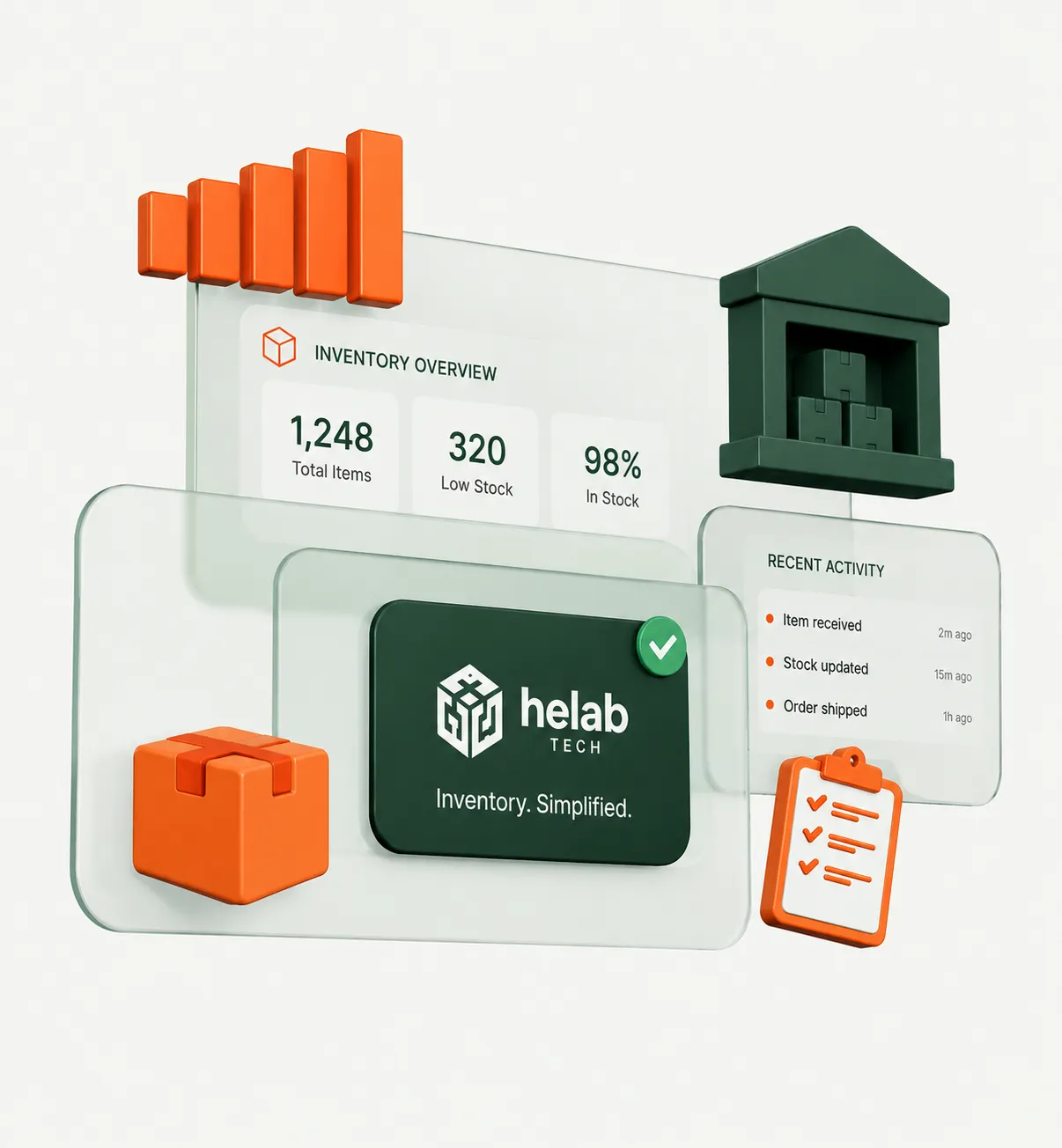 Helab dashboard showing inventory overview, recent activity, and simplified operations