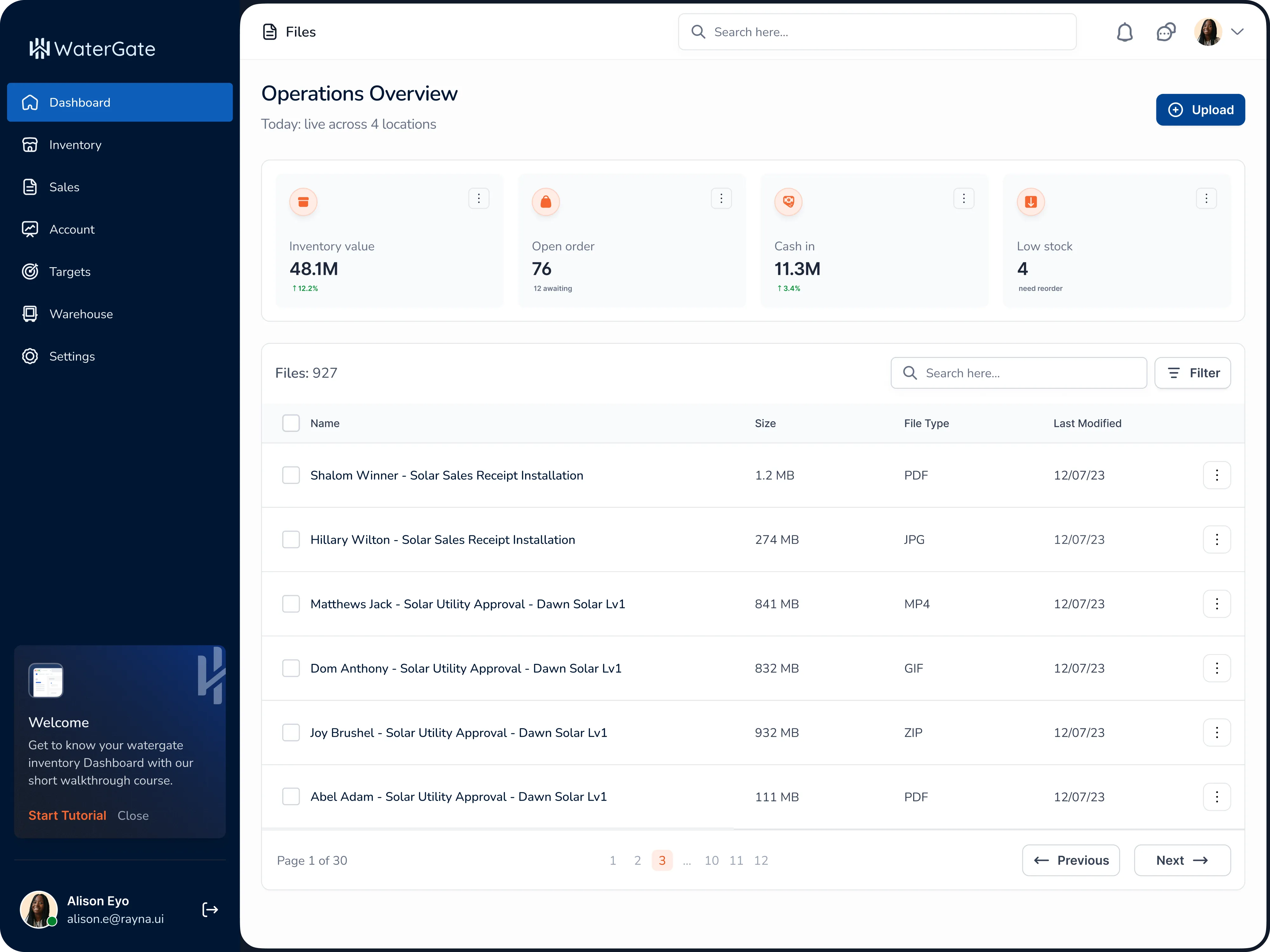 WaterGate ERP dashboard showing an operations overview with inventory value, open orders, cash-in metrics, and a searchable file list.