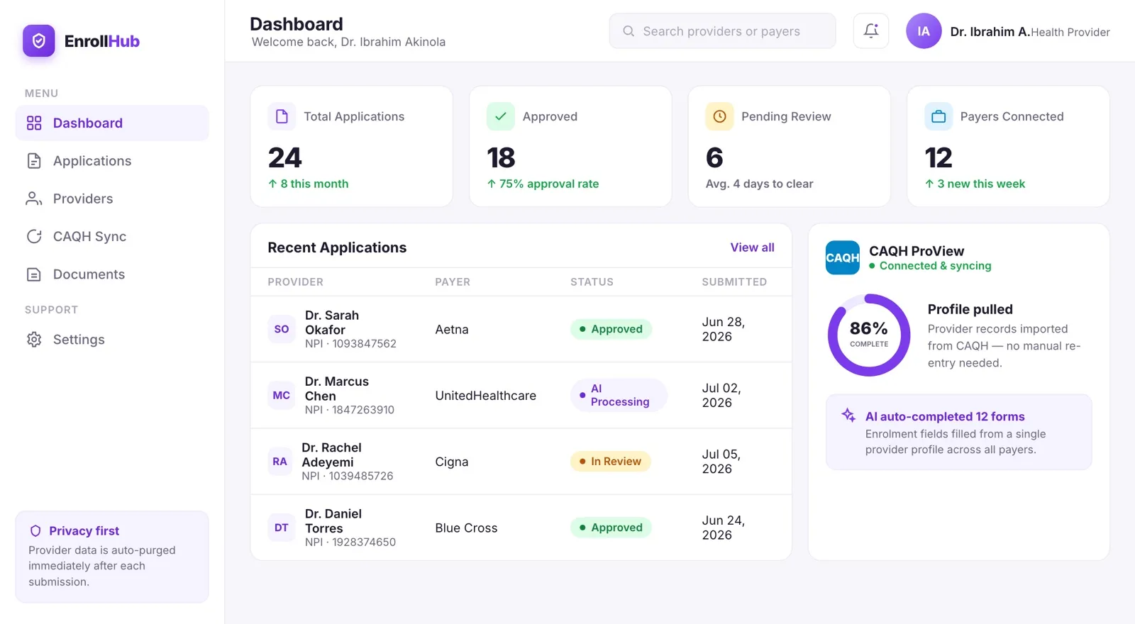 Enroll AI provider credentialing dashboard